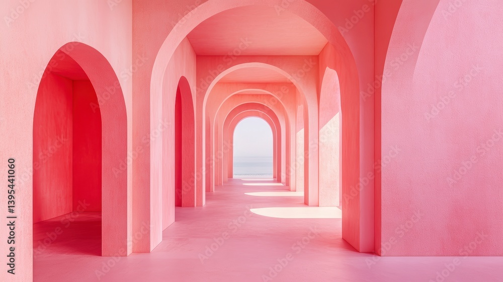 Pink arched hallway leading to ocean view. Pink arched hallway leading to ocean view.