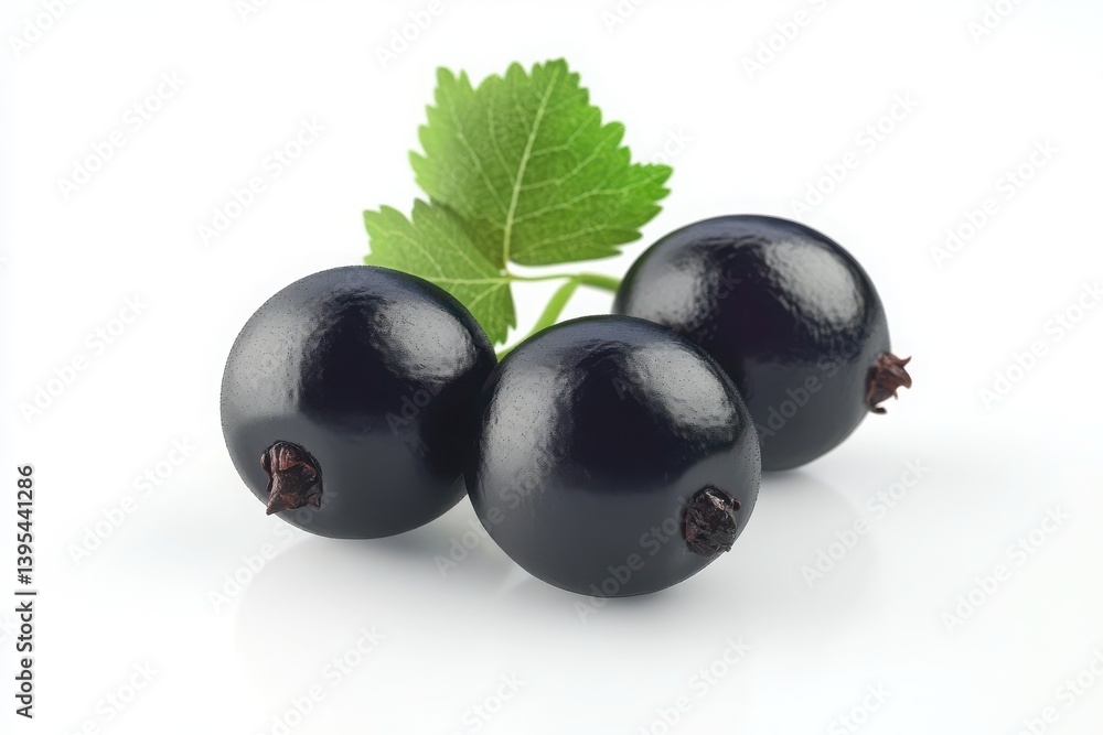 A close up view of three black currants with a green leaf on a white surface in a studio shot A close up view of three black currants with a green leaf on a white surface in a studio shot
