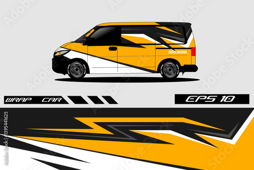Stylishly wrapped car showcasing vibrant yellow and black design on a sleek van, with a minimalist background