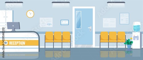 Hospital reception with waiting chairs. Vector illustration