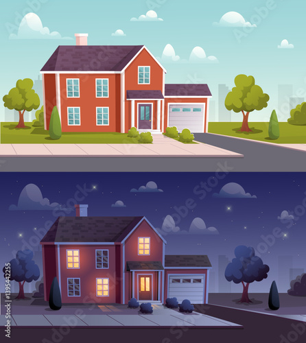 Cozy suburban house day and night view. Vector illustration
