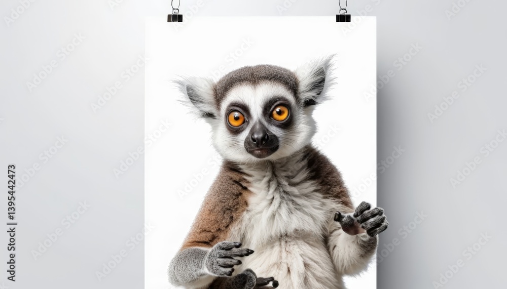 Obraz premium A cute lemur looks directly at the camera with its hands outstretched, showcasing a playful demeanor, ideal for wildlife conservation or animal-related promotions.