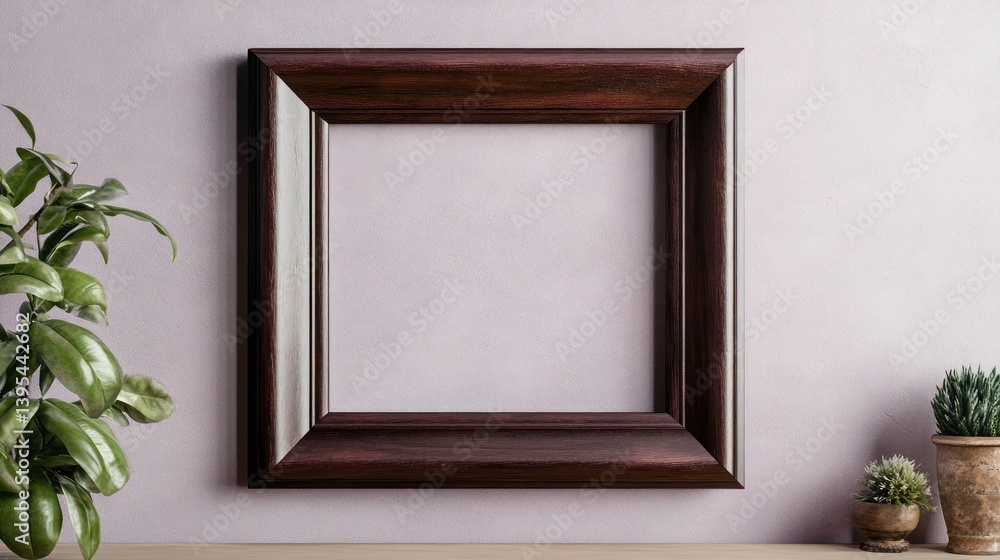 A thick, solid wooden square frame in dark mahogany, centered on a pale lavender wall, offering a bold and refined look.