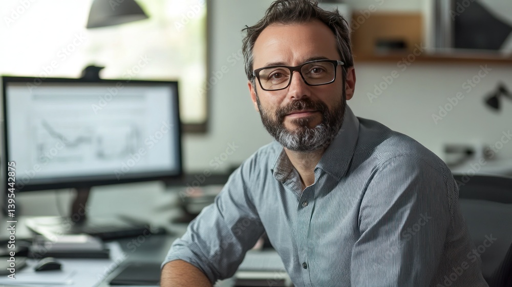 A smiling man with glasses in an office setting with a computer. A smiling man with glasses in an office setting with a computer.