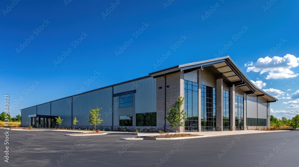 Modern Industrial Building Exterior with Ample Parking Modern Industrial Building Exterior with Ample Parking