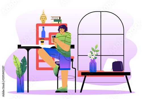 Man relaxing indoors with phone and coffee. Vector illustration