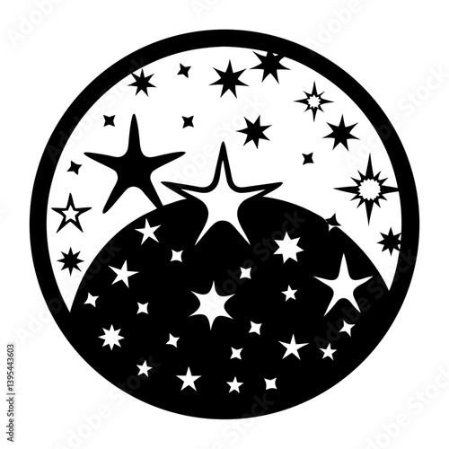 Circular Celestial Design Featuring Two Large Stars and Numerous Smaller Stars in a Yin and Yang Style