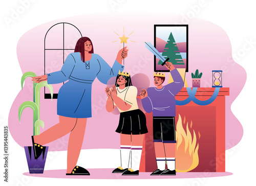 Mother playing pretend with kids indoors. Vector illustration