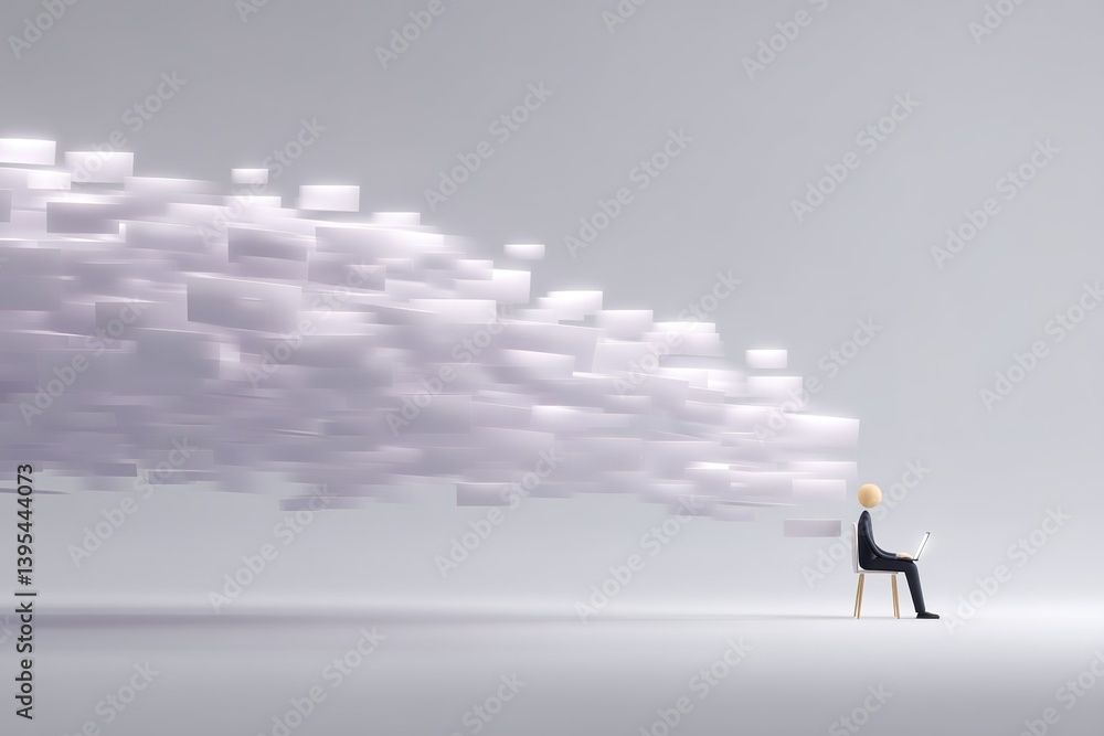 Creative thinker using a laptop while surrounded by swirling ideas and concepts in a minimalistic space Creative thinker using a laptop while surrounded by swirling ideas and concepts in a minimalistic space