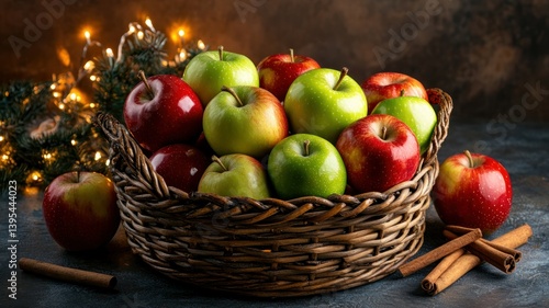 Apples in a basket with cinnamon sticks, festive and warm holiday scene.