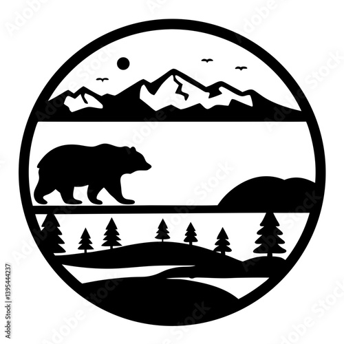 Majestic Mountain Bear Nature Scene Wildlife Circle Art Graphic Design