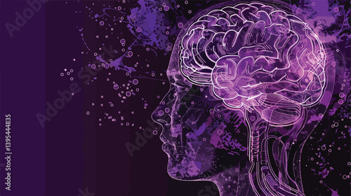 Purple Silhouette of Open Head and Human Brain with Jack Concept Illustration