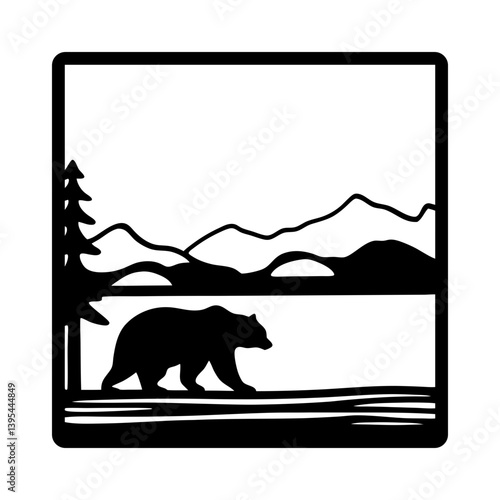 Black Bear Silhouette in Mountain Landscape Framed Image
