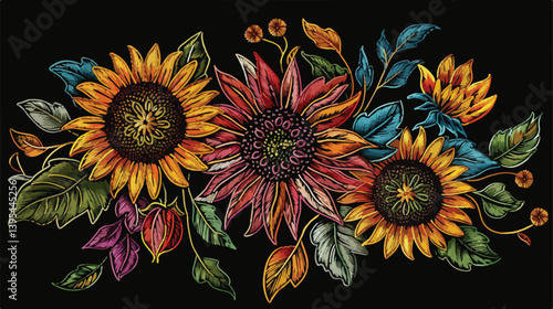 Vibrant Sunflower Plant Embroidery on Elegant Black Background for Creative Projects