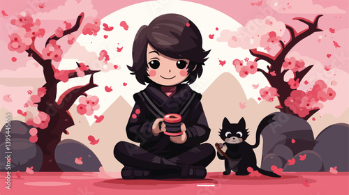 Adorable Ninja Wearing Traditional Ninja Attire Sitting under a Sakura Tree