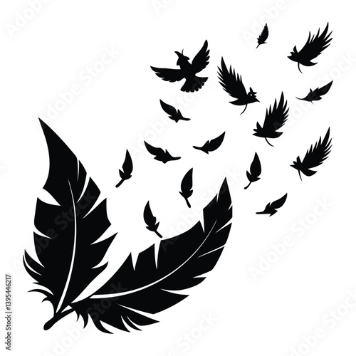 A silhouette of a feather turning into birds on white background