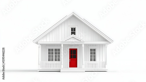 Charming white house model with a porch, small windows, and a red door, isolated for a minimalist aesthetic