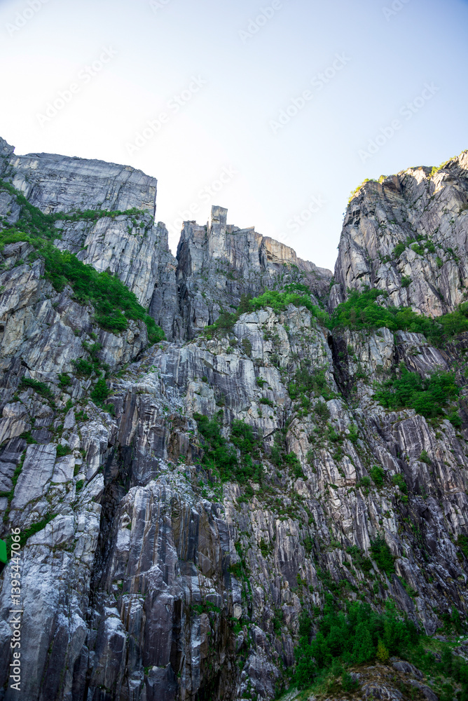 Amazing View to Steep Rocky Cliffs And Preikestolen From a Cruise Boat in Fjord, Stavanger, Norway, June 2018