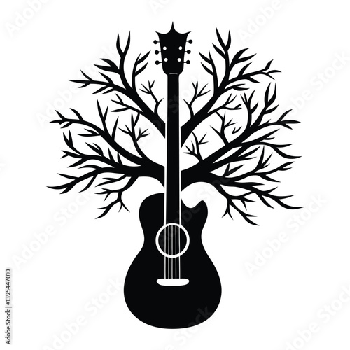 A guitar combined with tree branches silhouette on white background