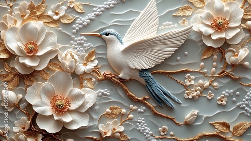 bas-relief art beautifully of White porcelain relief, magnolia flowers and a cuple of hummingbird, simple background