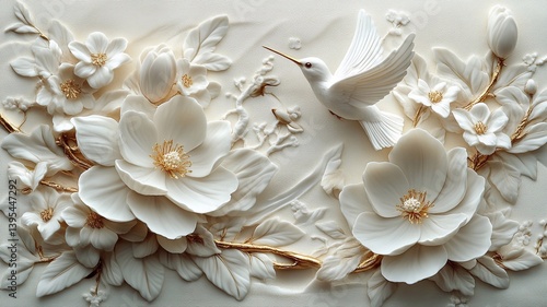 bas-relief art beautifully of White porcelain relief, magnolia flowers and a cuple of hummingbird, simple background