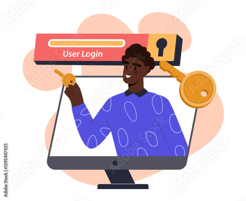 User login access with golden key. Vector illustration