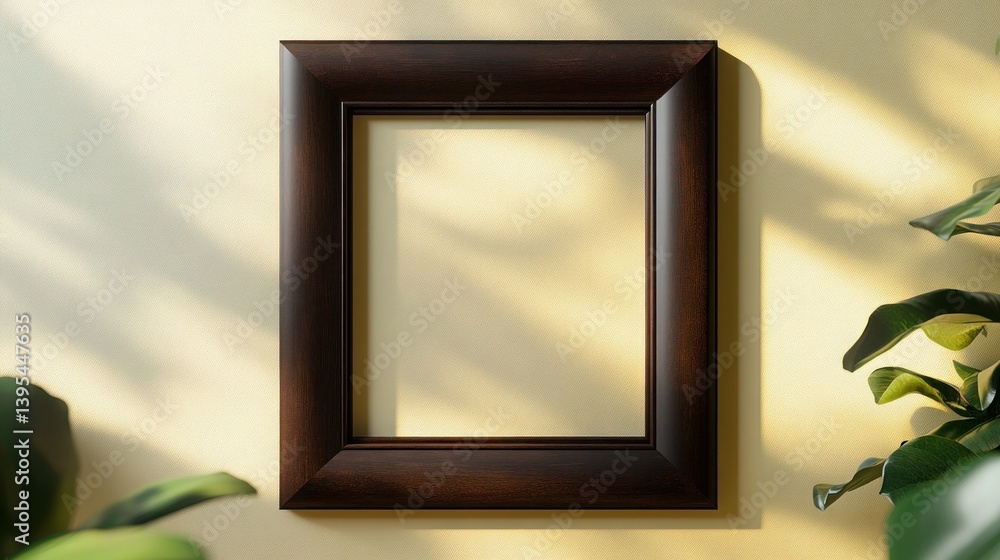 A thick wooden frame in dark espresso with smooth polished edges, centered on a pastel yellow wall, adding a touch of warmth and sophistication.