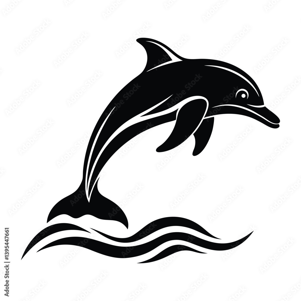 Fototapeta premium Dolphin jumping over stylized ocean waves on white background