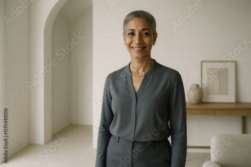 Smiling Professional Middle-Aged Woman in Minimalist Home, Architectural and Interior Design Feature