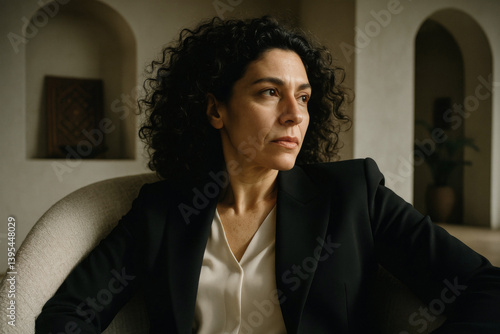 Cinematic Middle-Aged Businesswoman in Minimalist Home, Intimate Lifestyle Portrait for Business Branding