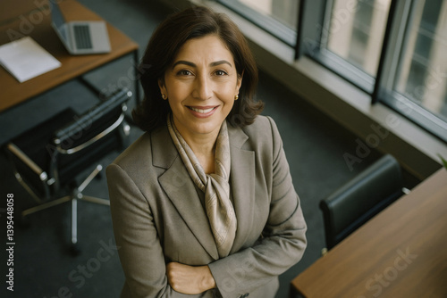 Stylish Middle-Aged Woman Executive, Smiling Confidently at Work, Business Professionalism