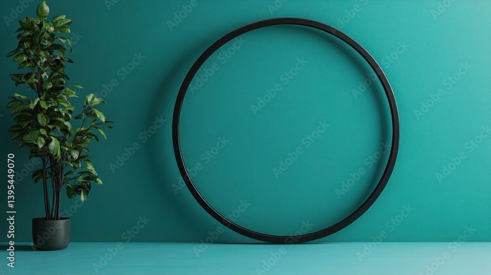 A thin circular frame, made of matte black metal, delicately placed on a teal accent wall, creating a clean, minimalist statement piece.