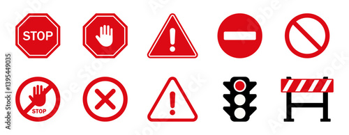 Set of red warning and prohibition signs. Includes stop, hand, danger, no entry, traffic light, and barrier icons. Flat vector style for safety, traffic, construction, or alert use. icons, vector.