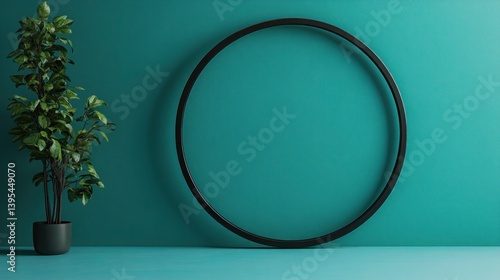A thin circular frame, made of matte black metal, delicately placed on a teal accent wall, creating a clean, minimalist statement piece.