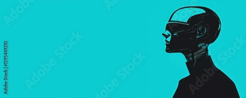 A stylized silhouette of a humanoid robot against a vibrant turquoise background, emphasizing technological advancement and innovation.