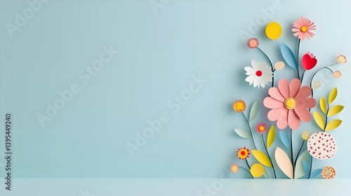 Vibrant and colorful layered paper cut flowers and foliage arranged in a decorative corner composition