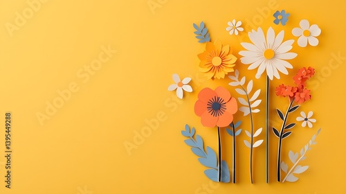 Vibrant paper flowers and foliage in a stylized layered paper cut artwork creating a decorative floral corner display on a bright yellow background