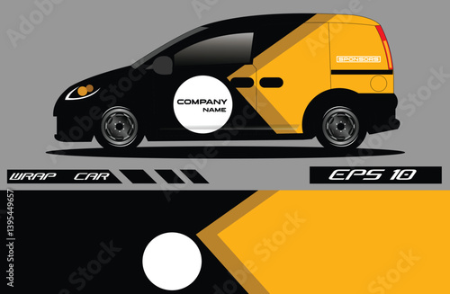 Sleek black and yellow wrapped delivery van parked on a city street with urban backdrop