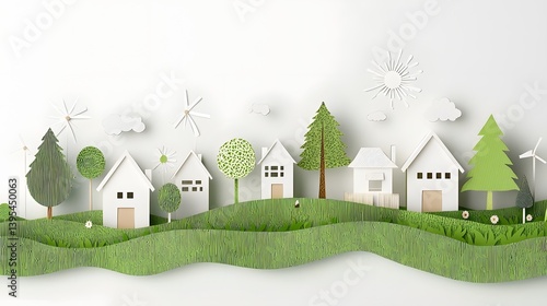 Quaint paper cut village nestled among rolling hills powered by renewable wind and solar energy sources in a contemporary eco friendly layout