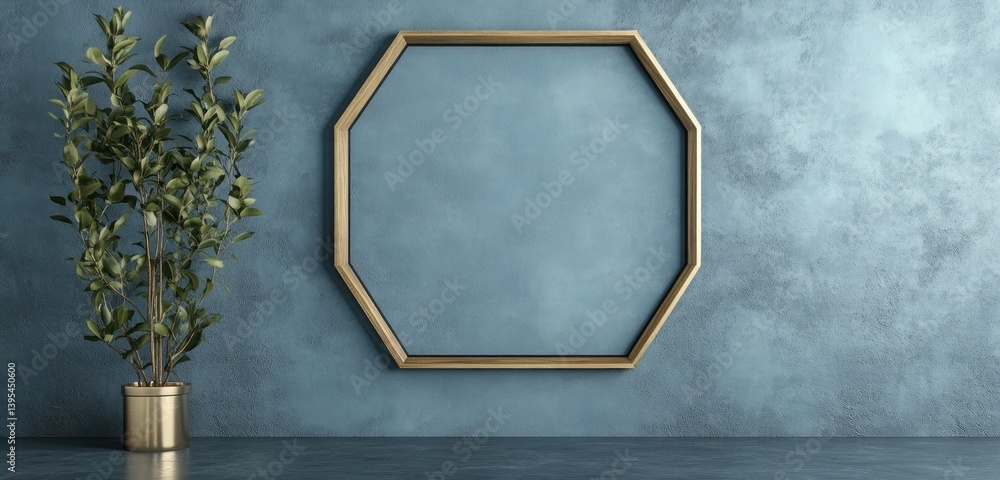 A thin hexagonal frame in brushed gold, positioned at eye level on a smoky blue wall, delivering an elegant, contemporary style.