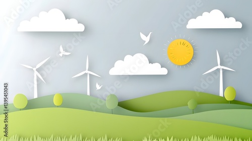 A scenic landscape with wind turbines dotting the rolling green hills set against a backdrop of fluffy white clouds and soaring birds all rendered in a stylized paper cut design