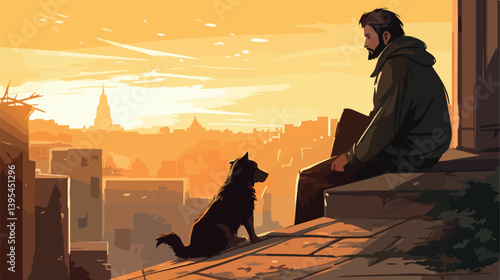 Sympathetic Image of a Homeless Man with Companion Dog Resting on Outdoor Steps