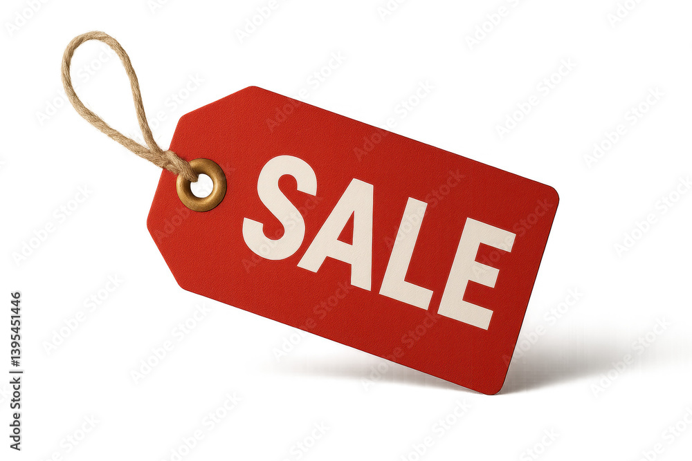 Bright Red Sale Tag with Bold White Letters on a White Background