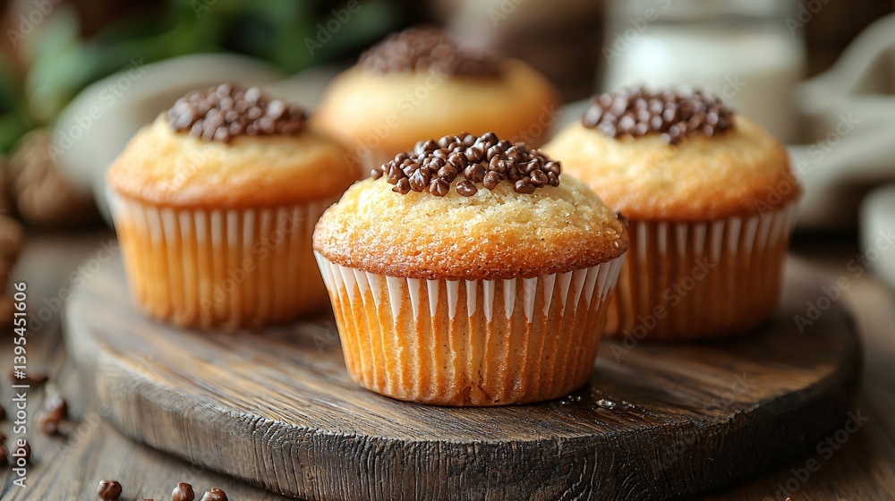 Freshly Baked Cupcakes with Chocolate Sprinkles on a Rustic Wooden Serving Board Freshly Baked Cupcakes with Chocolate Sprinkles on a Rustic Wooden Serving Board