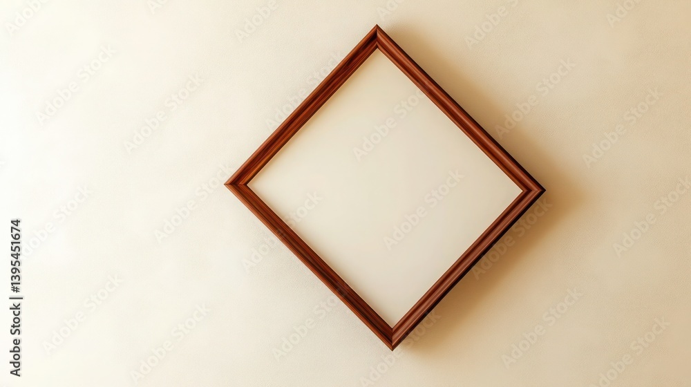 A thin mahogany frame in a diamond shape, tilted and mounted on a cream-colored wall, giving a unique twist to traditional design.