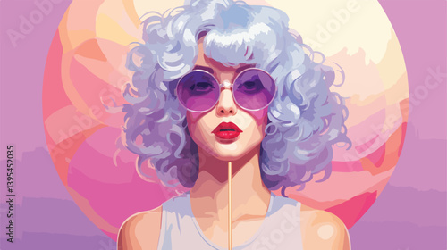 Colorful Young Woman Wearing Wig with Lollipop and Paper Candy - Fun and Playful Lifestyle Concept