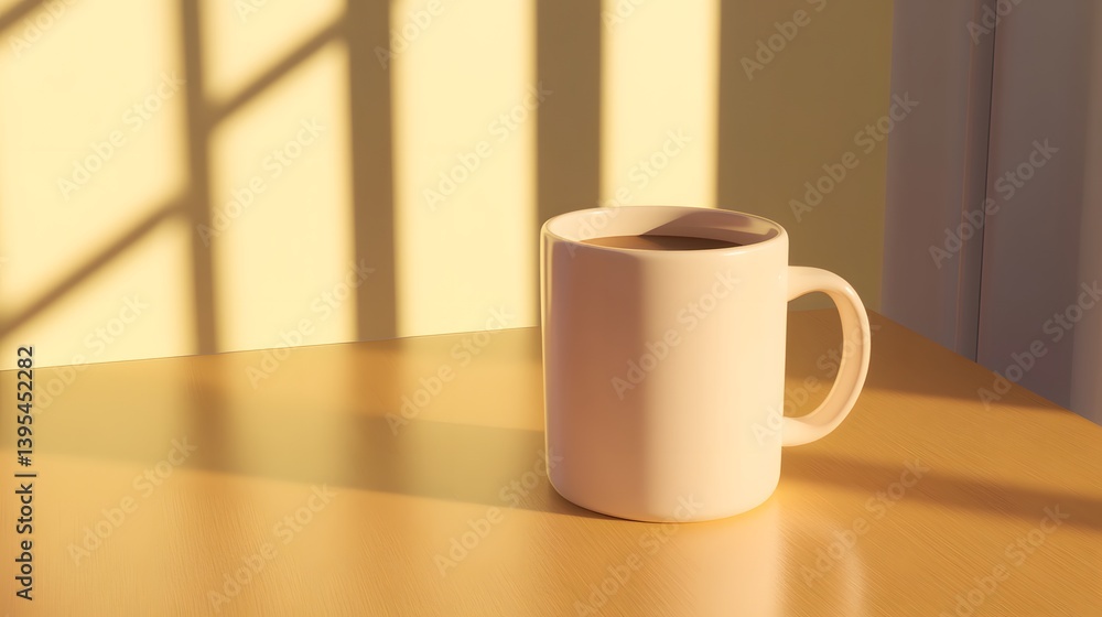 Warm Coffee Mug on Wooden Table Sunlit Morning Warm Coffee Mug on Wooden Table Sunlit Morning