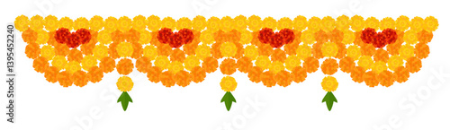 Yellow orange marigold flowers border. Indian traditional floral festive garland toran. Zendu flowers isolated on background Party decor for Halloween, Dia de los Muertos holiday. Vector illustration
