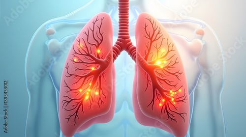 A highly detailed, realistic 3D render of human lungs severely affected by chronic obstructive pulmonary disease