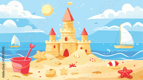 Professional Vector Illustration of Sandcastle with Shovel and Bucket Toys for Creative Design Projects
